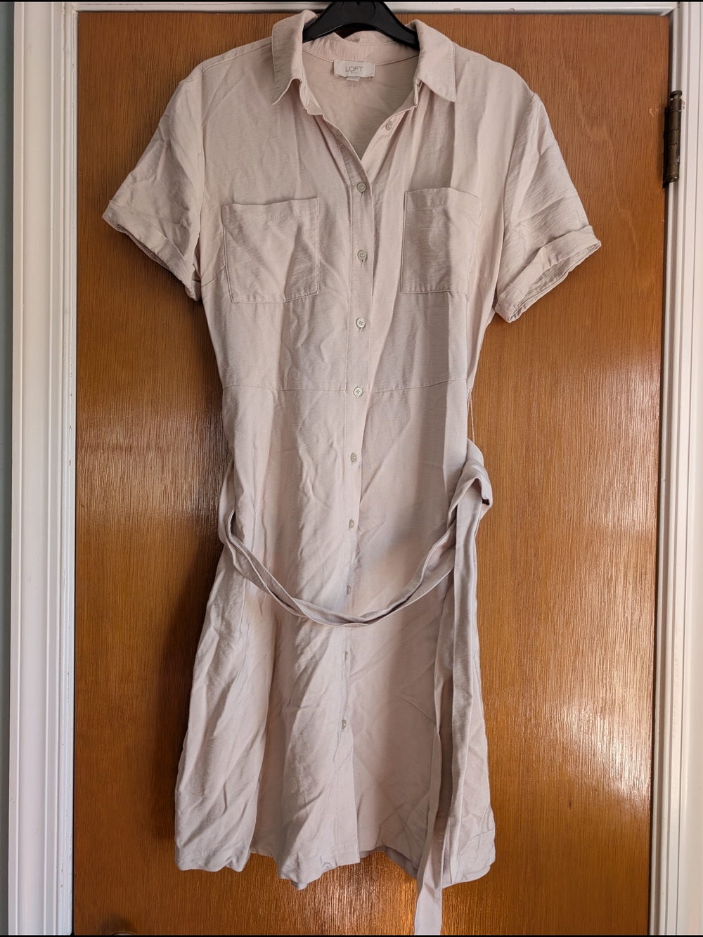 LOFT Beige Short-Sleeve Button-Front Shirt Dress Minimalist